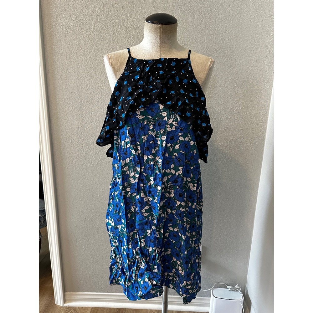 Miss Selfridge Blue Floral Cold Shoulder Ruffle Midi Dress UK 14 US 10 EUR 42